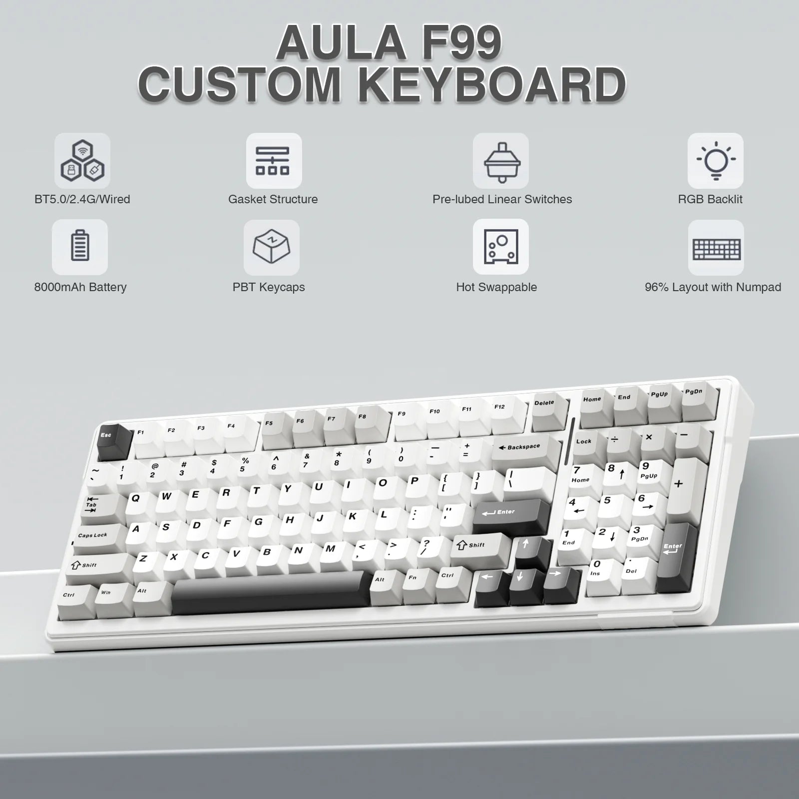 AULA F99 Machanical Keyboard Bluetooth 5.0/2.4G Wireless/Wired Gasket-mounted Gaming Keyboard 99 Keys Customizable Keyboards