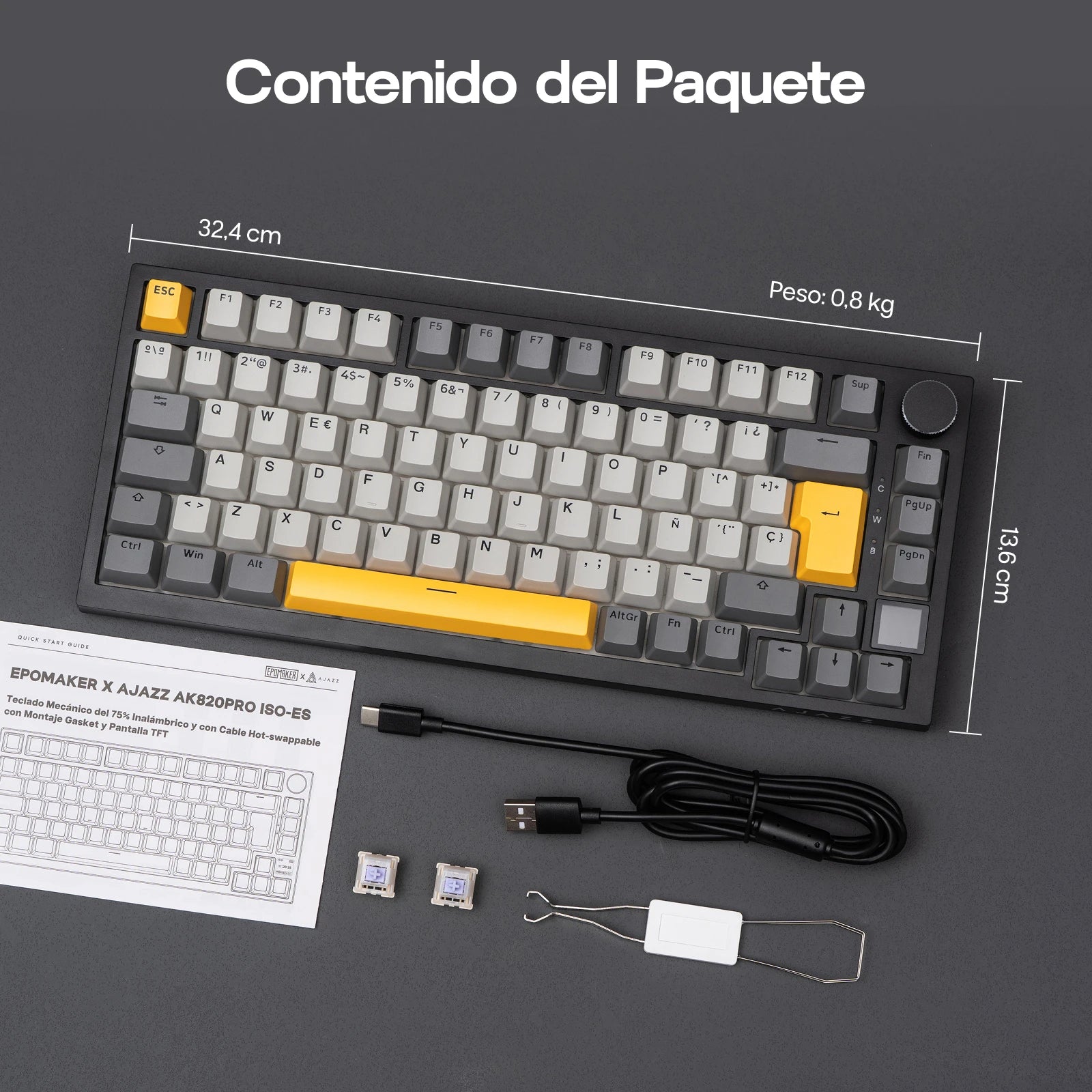 ISO-ES Layout EPOMAKER X AJAZZ AK820 PRO 75% Spanish Layout Wired/2.4GHz/BT Mechanical Keyboard with Screen & Knob for Pc/Mac