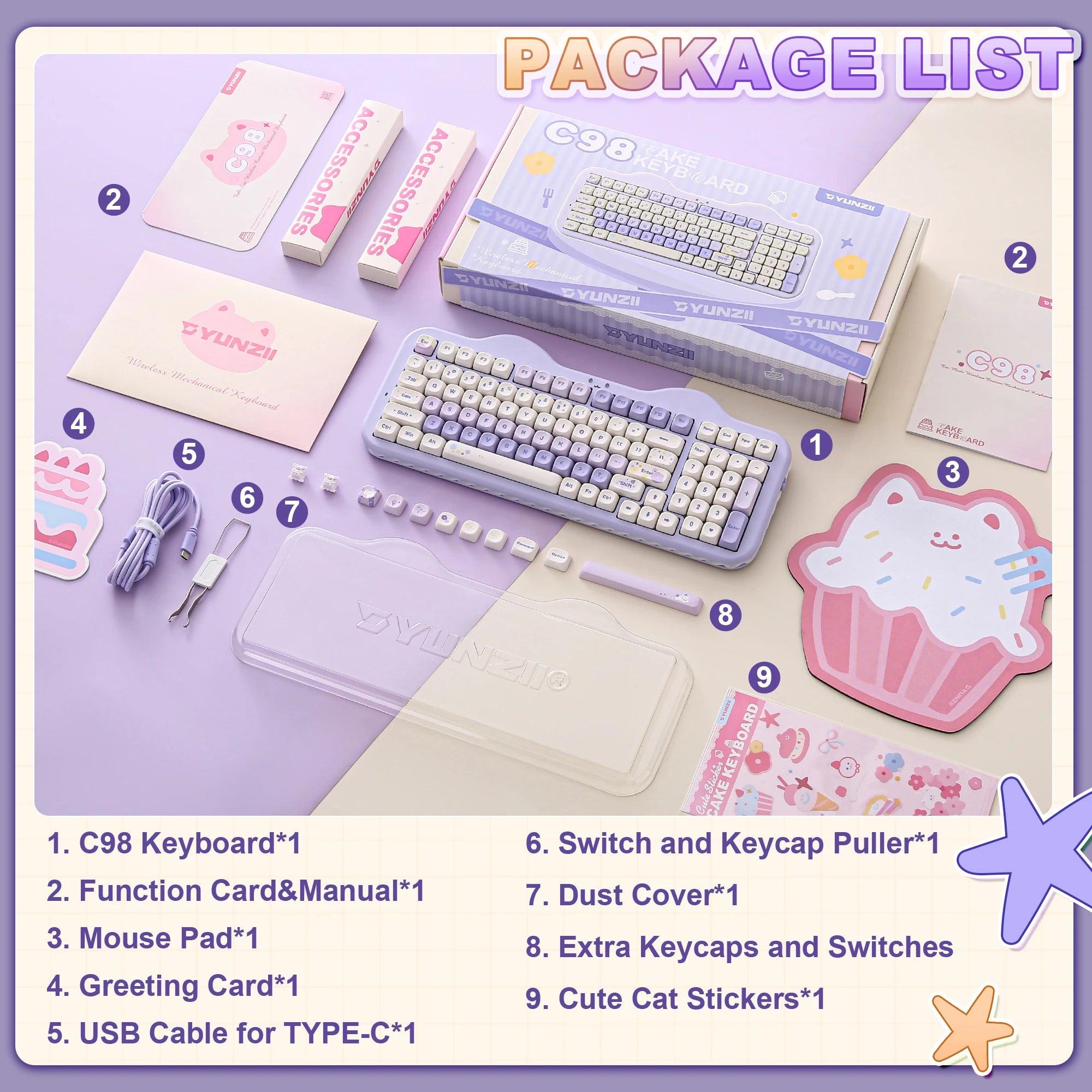 YUNZII C98 Wireless Mechanical Keyboard, 99-Key Hot Swap Gasket Keyboard with Numpad, Custom RGB Backlight,Cute Keeb for Win/Mac