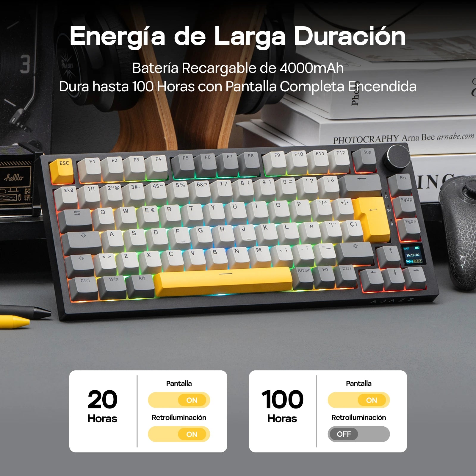 ISO-ES Layout EPOMAKER X AJAZZ AK820 PRO 75% Spanish Layout Wired/2.4GHz/BT Mechanical Keyboard with Screen & Knob for Pc/Mac
