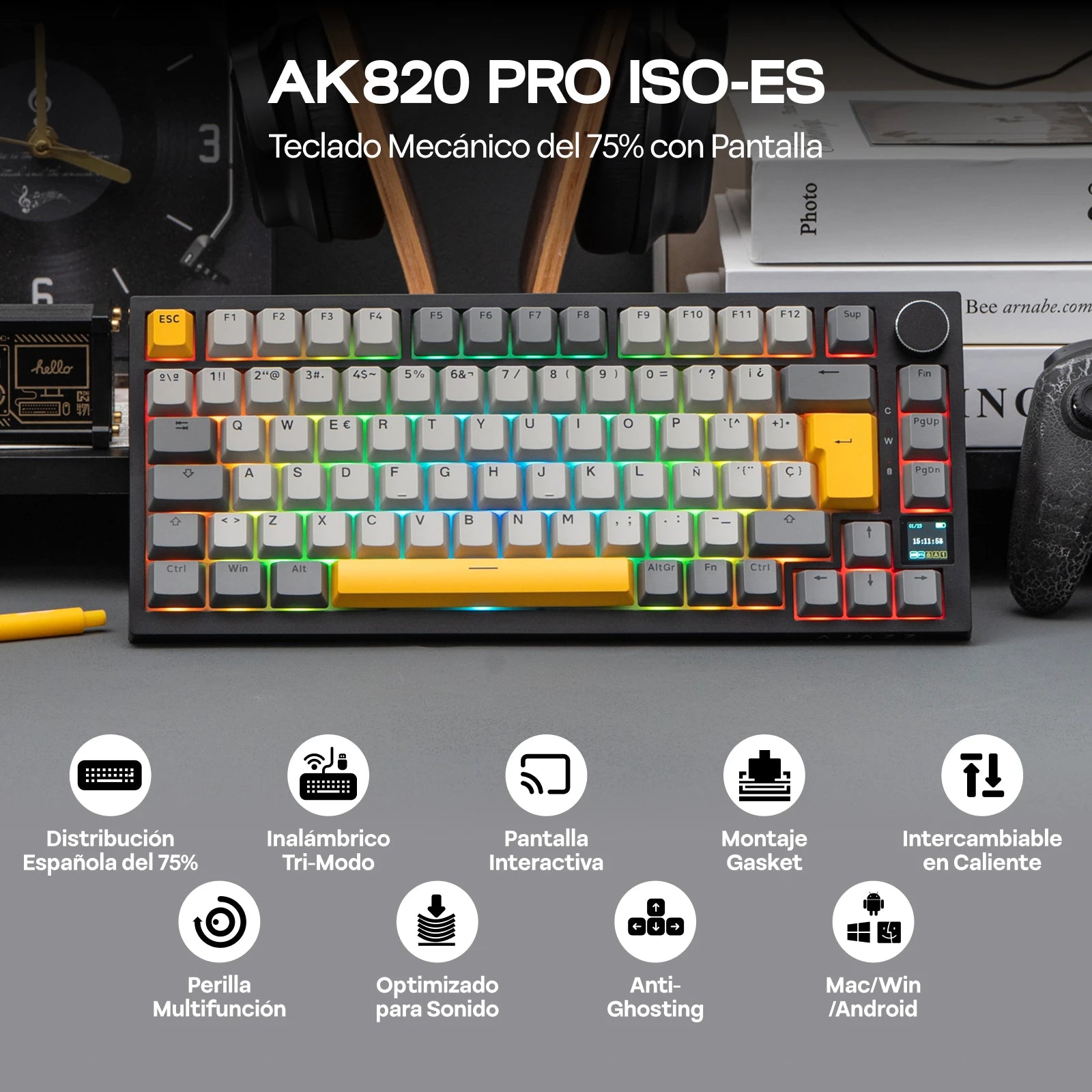 ISO-ES Layout EPOMAKER X AJAZZ AK820 PRO 75% Spanish Layout Wired/2.4GHz/BT Mechanical Keyboard with Screen & Knob for Pc/Mac