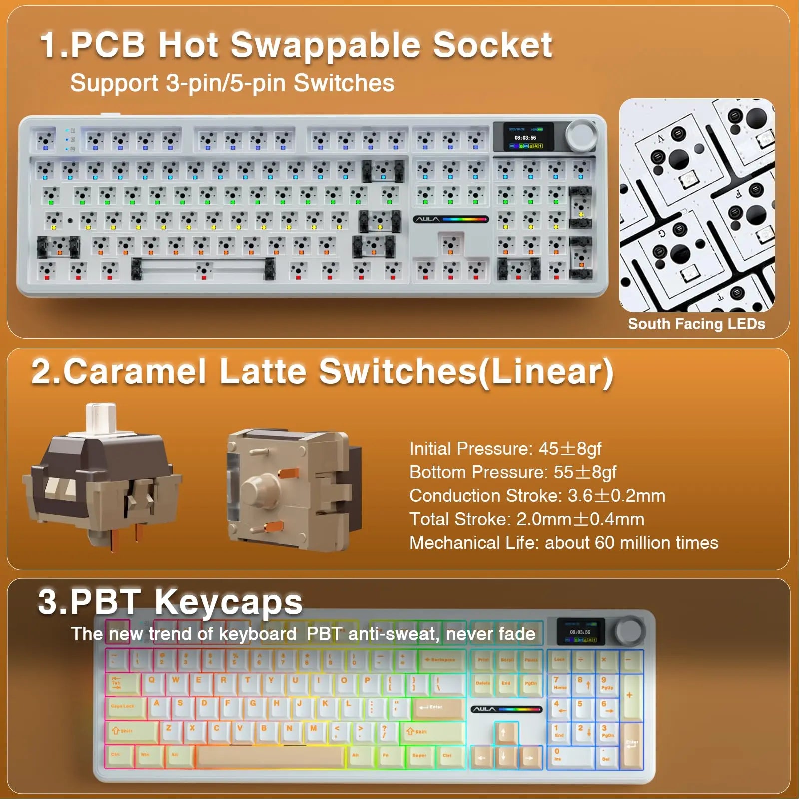 AULA F108 PRO Wireless Mechanical Keyboard 3-Mode Hot Swappable RGB Backlit Gaming Keyboard 8000mAh Pre-lubed Switches Keyboards