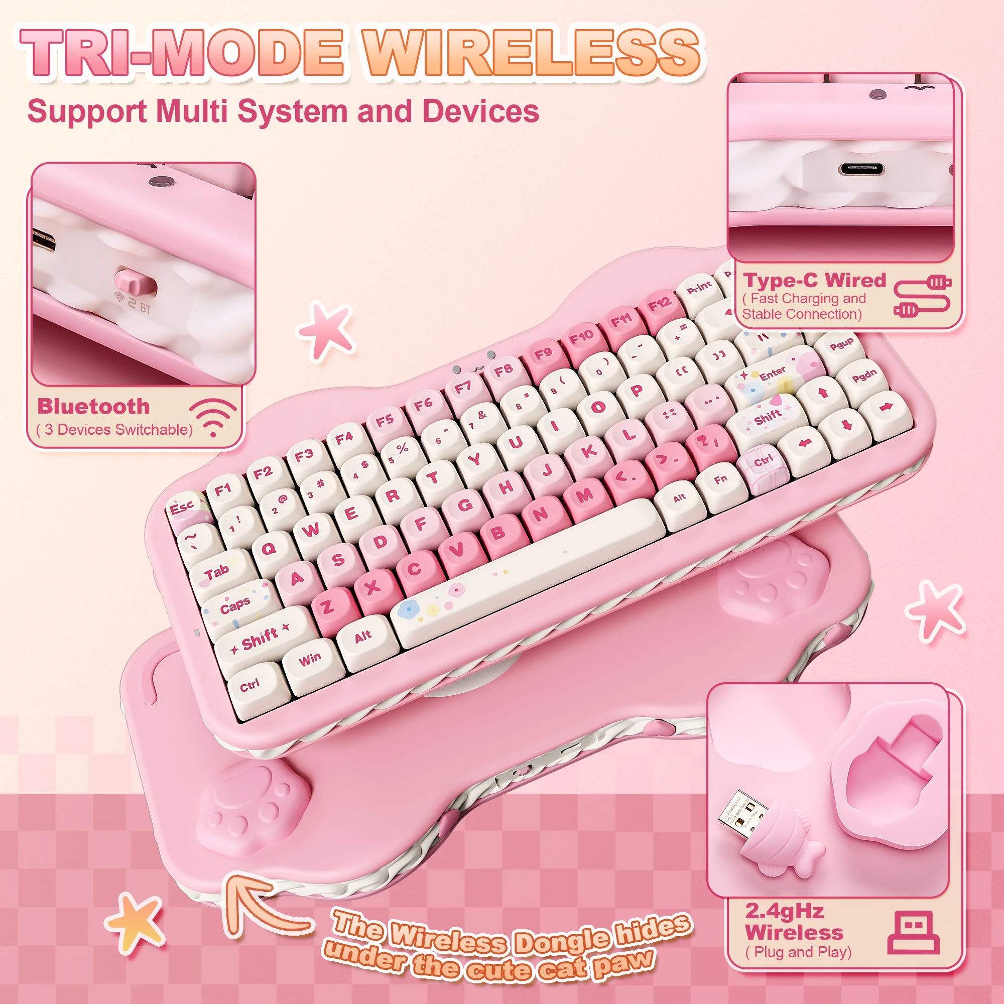 YUNZII C75 Pink Wireless Mechanical Keyboard, 75% Creamy Hot Swap RGB Keyboard, Gasket Mount Cute Cake Design for Win/Mac/Gaming