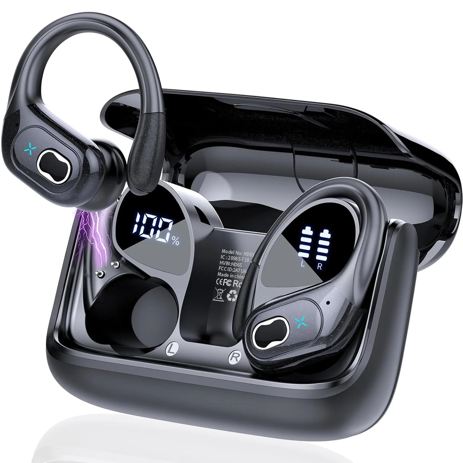 Wireless Earbuds Sport Bluetooth 5.4 Headphones ENC Noise Cancelling Mic 75H HiFi Stereo Over Ear Bud LED Display for iPhone/Gym