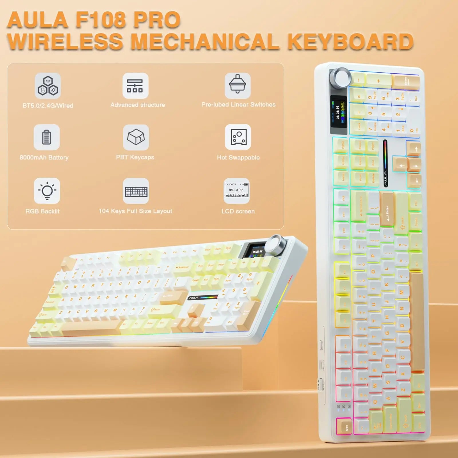 AULA F108 PRO Wireless Mechanical Keyboard 3-Mode Hot Swappable RGB Backlit Gaming Keyboard 8000mAh Pre-lubed Switches Keyboards