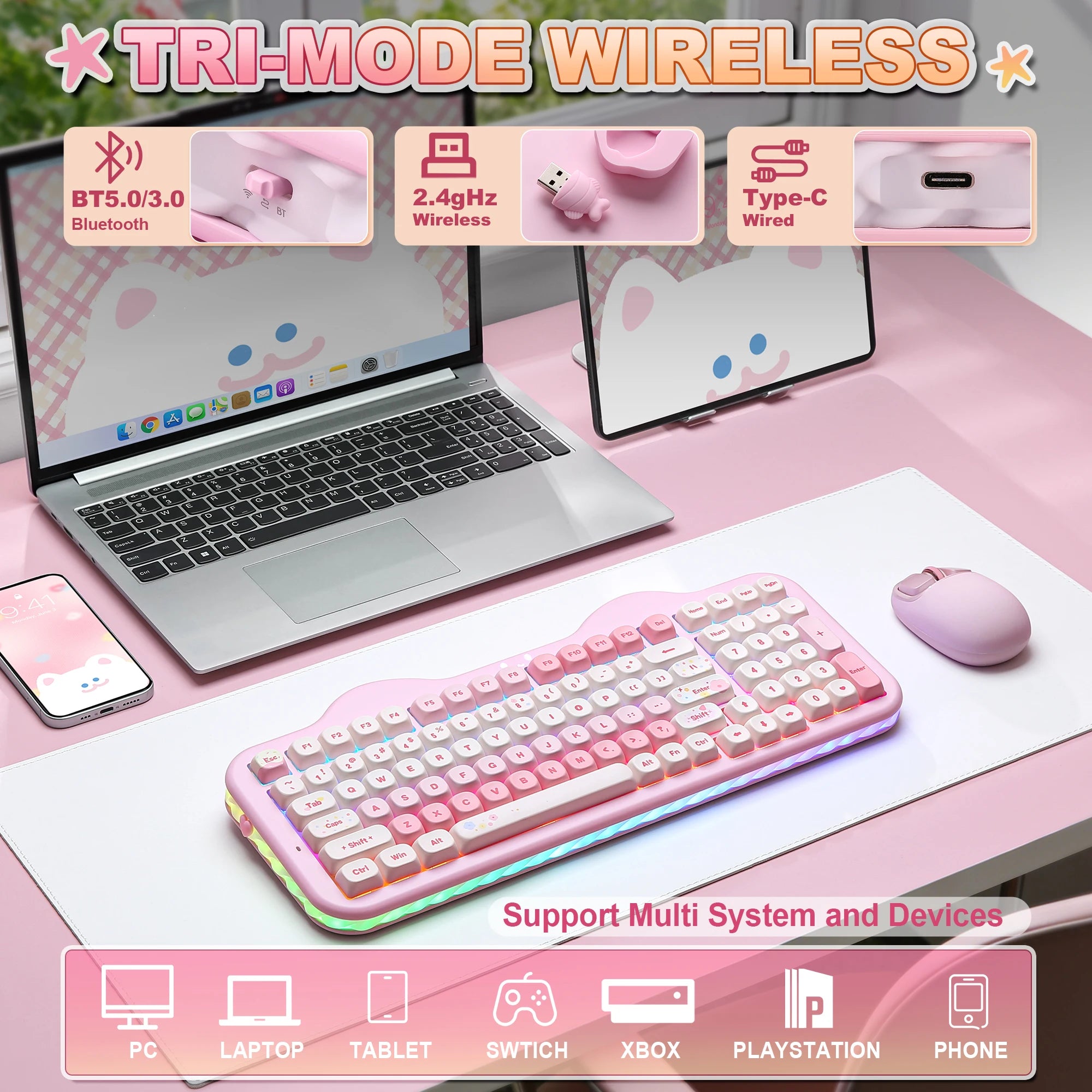 YUNZII C98 Wireless Mechanical Keyboard, 99-Key Hot Swap Gasket Keyboard with Numpad, Custom RGB Backlight,Cute Keeb for Win/Mac