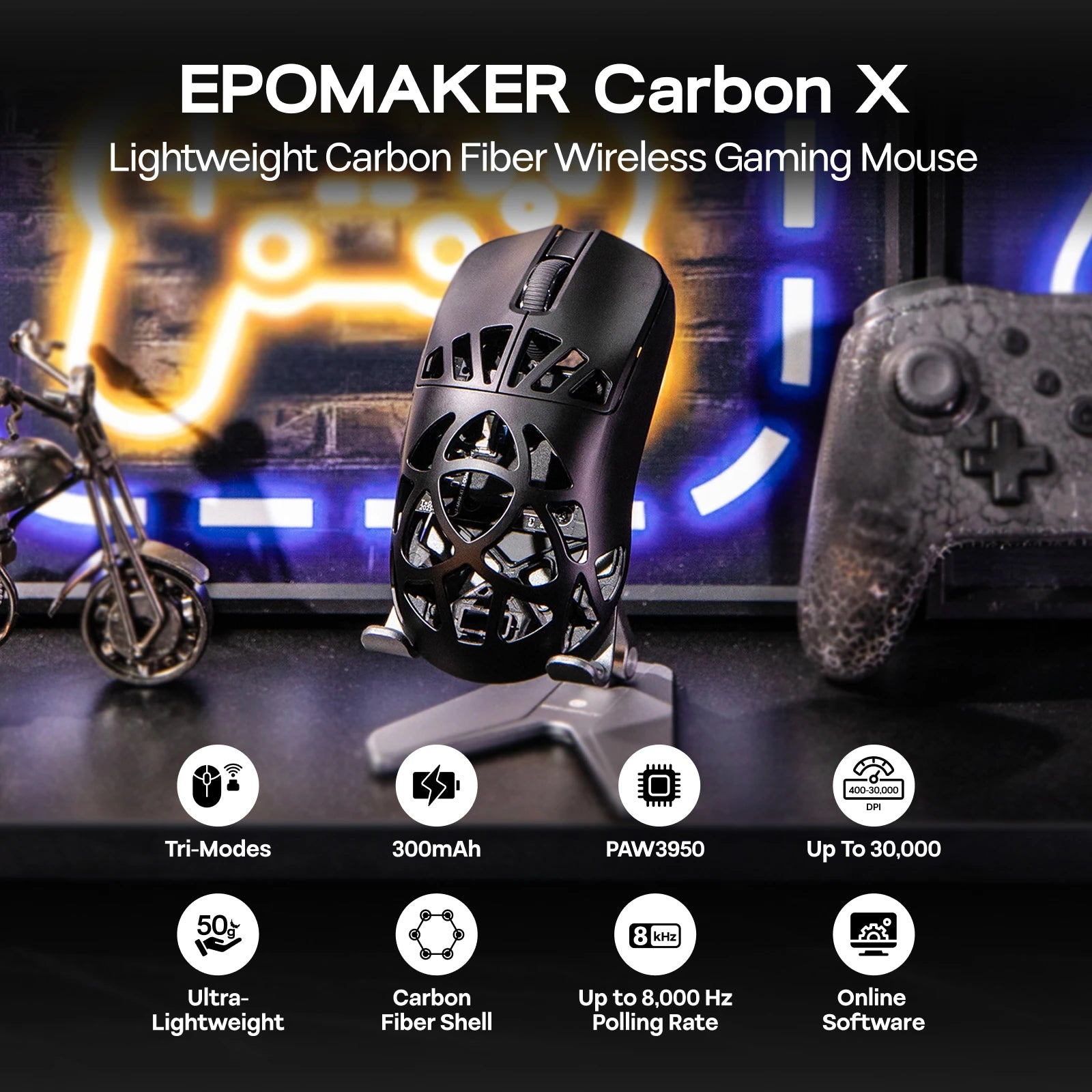 EPOMAKER Carbon X Wired/2.4G/BT Wireless Gaming Mouse 400 to 30,000 DPI Adjustable with PAW3950 Sensor for PC/Mac/Linux
