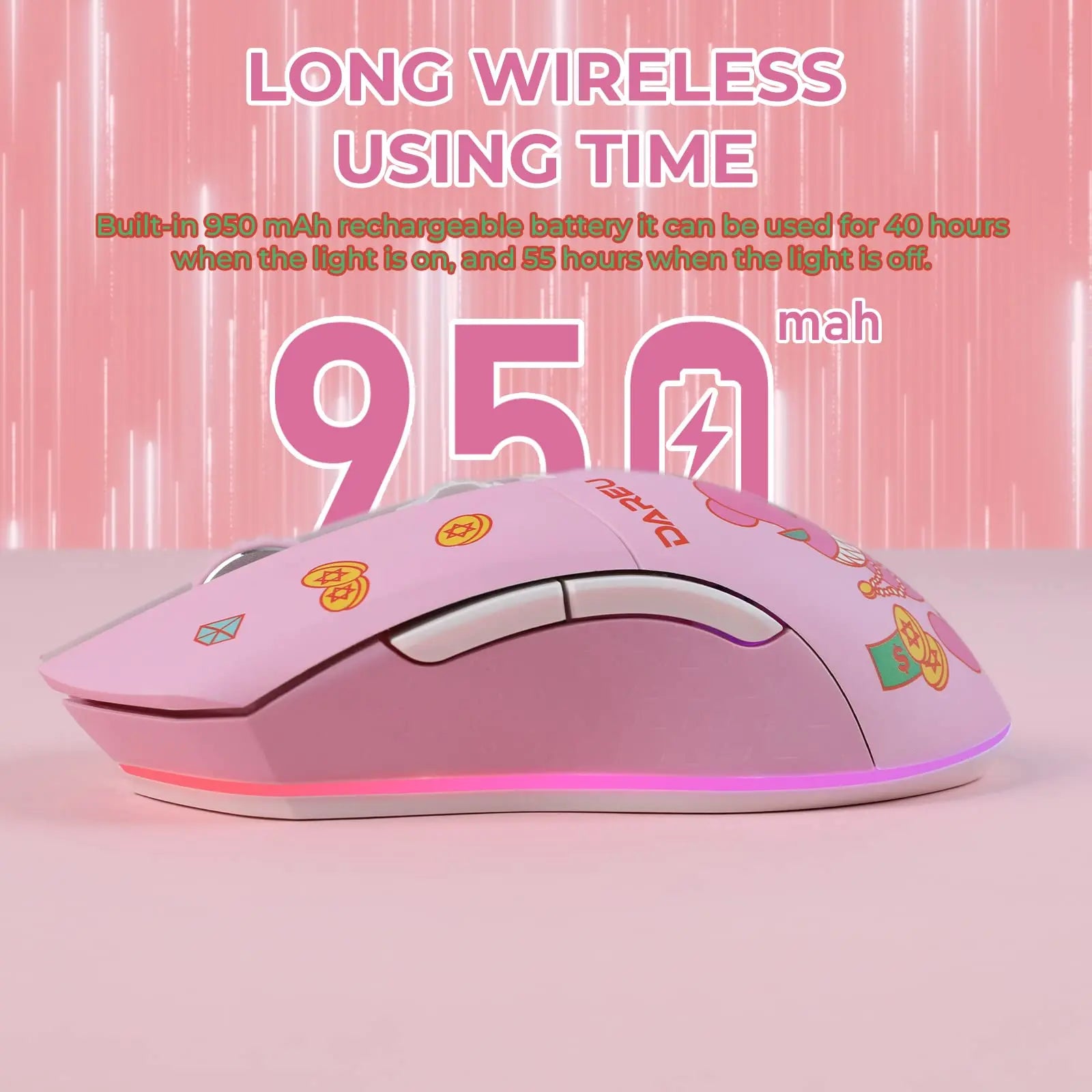 DAREU Dual Modes Gamer Mouse RGB 2.4G Wireless Wired Gaming Mice Built-in 930mAh Recharging Battery for PC Laptop