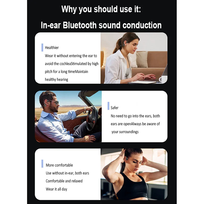 Bluetooth Headsets Wireless Headphones Bone Conduction Headphone HiFi Stereo Earphones Earbuds with Mic For Sports Work Outdoor