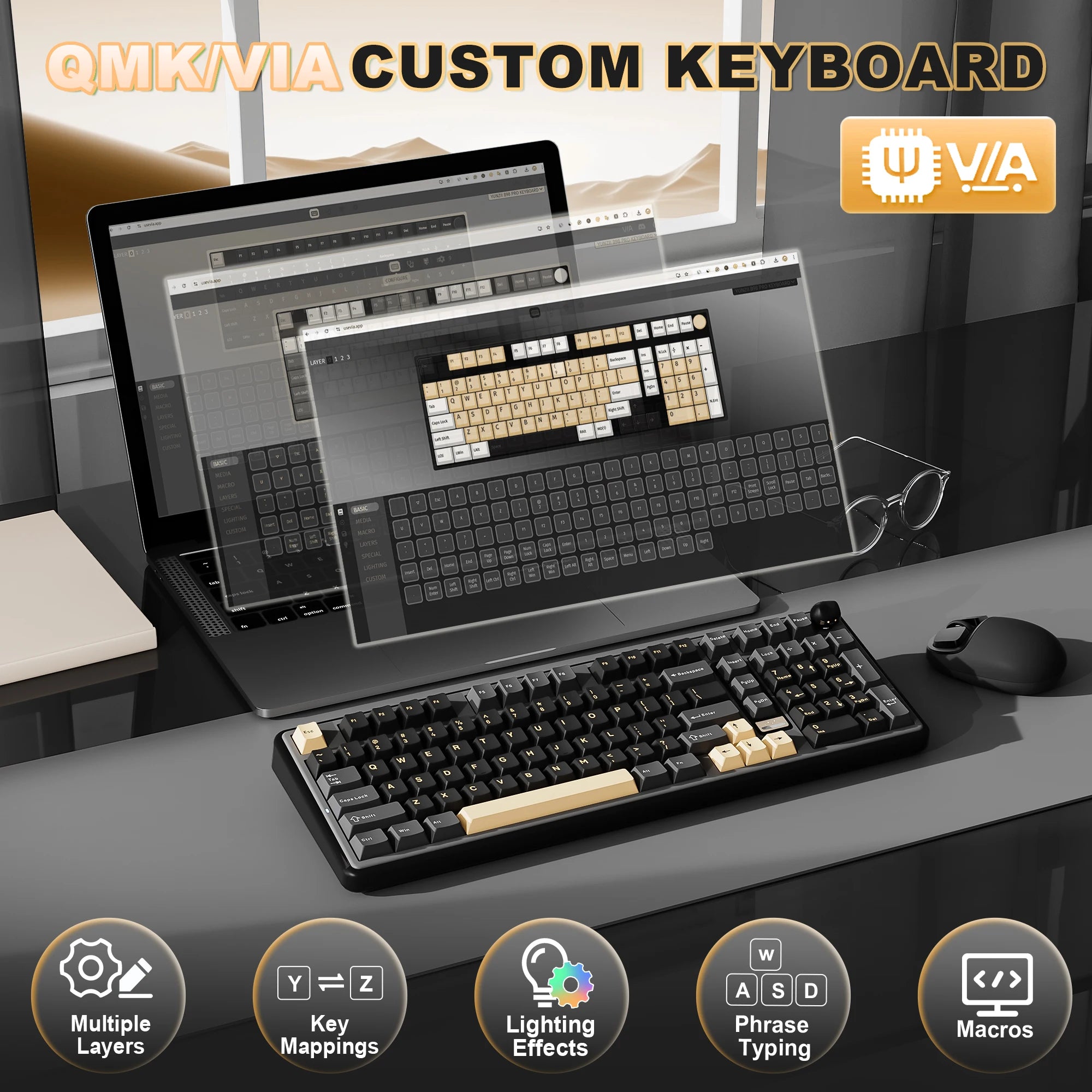 YUNZII B98 PRO QMK/VIA Wireless Mechanical Keyboard, 96% Layout Custom Gaming Keyboard, Hot-Swap Gasket RGB Keyboard for Win/Mac