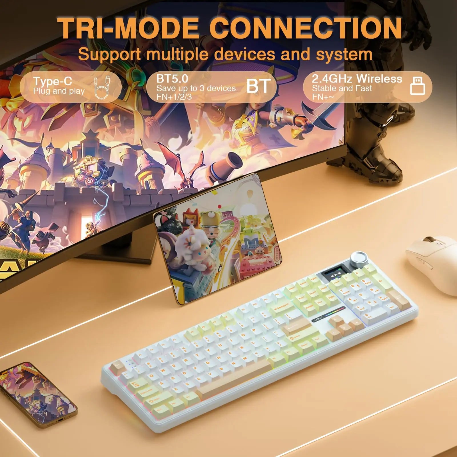 AULA F108 PRO Wireless Mechanical Keyboard 3-Mode Hot Swappable RGB Backlit Gaming Keyboard 8000mAh Pre-lubed Switches Keyboards