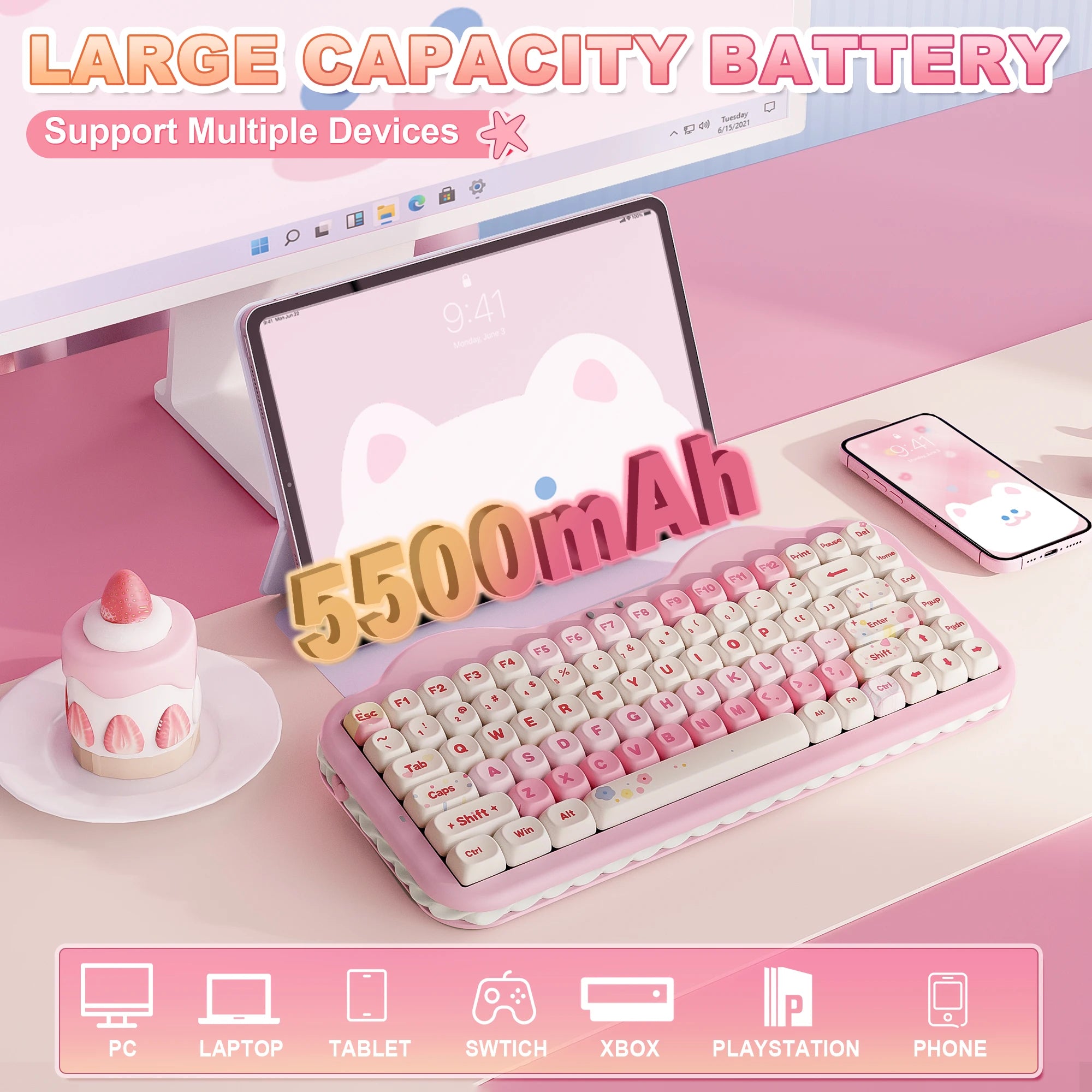 YUNZII C75 Pink Wireless Mechanical Keyboard, 75% Creamy Hot Swap RGB Keyboard, Gasket Mount Cute Cake Design for Win/Mac/Gaming