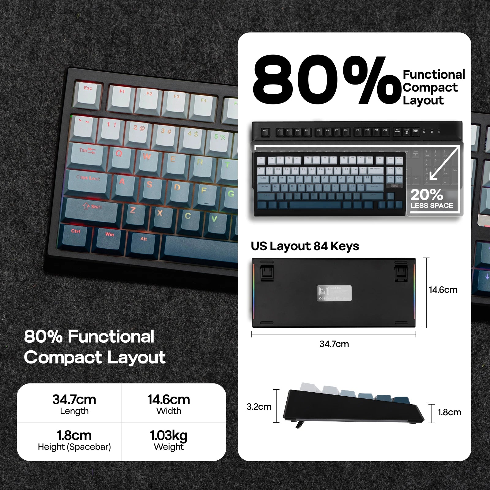 EPOMAKER G84 HE 75% ANSI US Layout Gasket Wired/BT/2.4Ghz Wireless Hall Effect Magnetic Mechanical Keyboard 8K Polling & 8000mAh