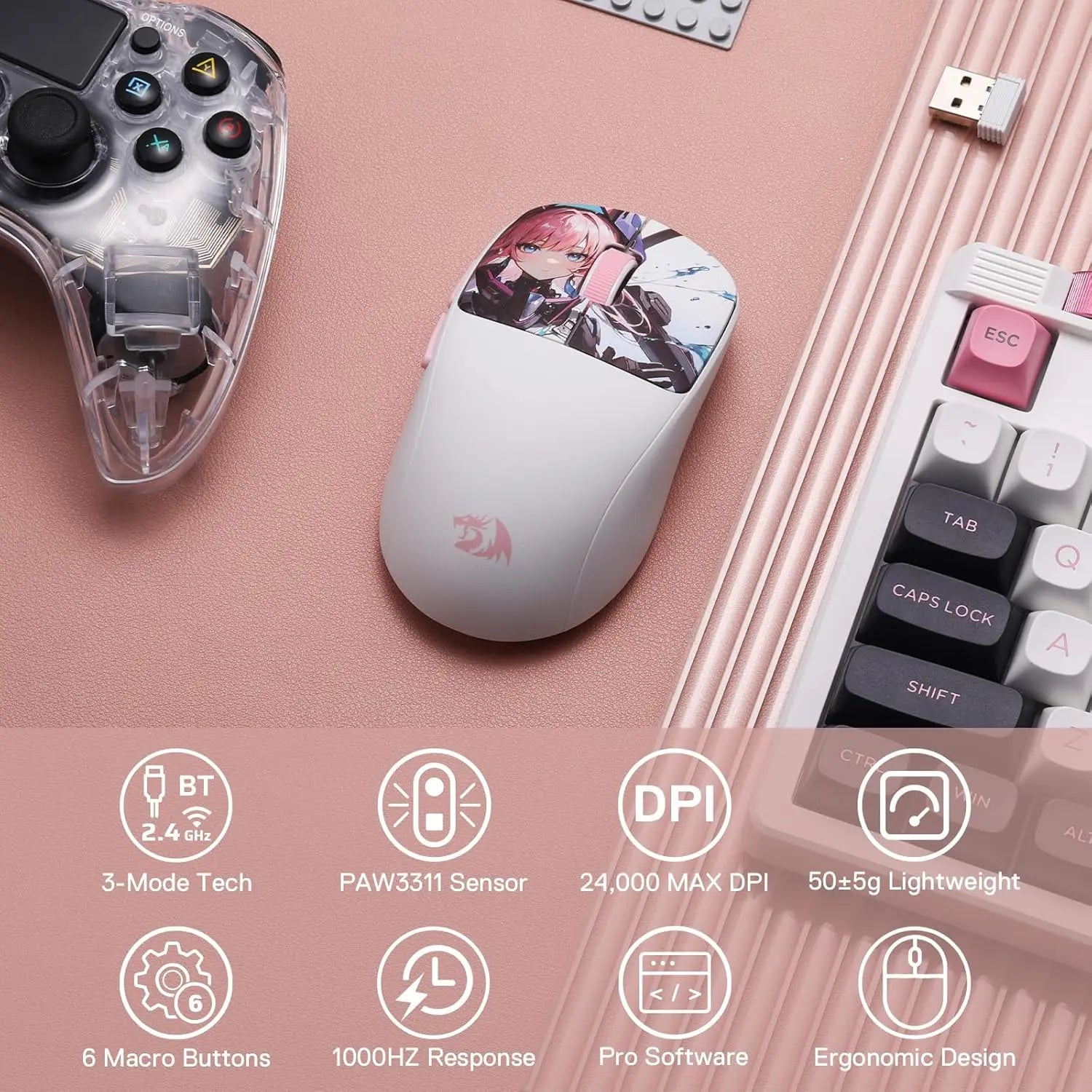 Redragon M817 PRO Wireless Gaming Mouse, 24000 DPI Optical 50G Mini Mice with 6 Programmable Buttons & Ergonomic Design