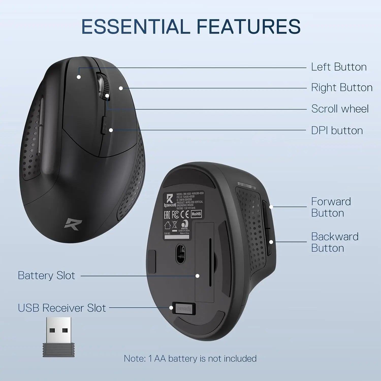 Redragon BM-4033 Wireless Vertical Ergonomic Mouse, 2.4GHz Connection, 5 Levels Up to 4000 DPI