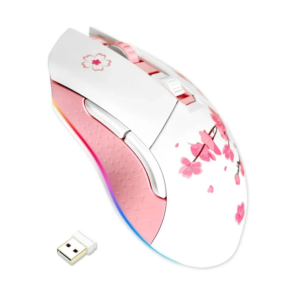 DAREU Sakura Pink Wireless Wired Gaming Mouse Dual-Mode Rechargeable 7 Buttons DPI RGB and 7 Adjustable DPI for PC Notebook Mac