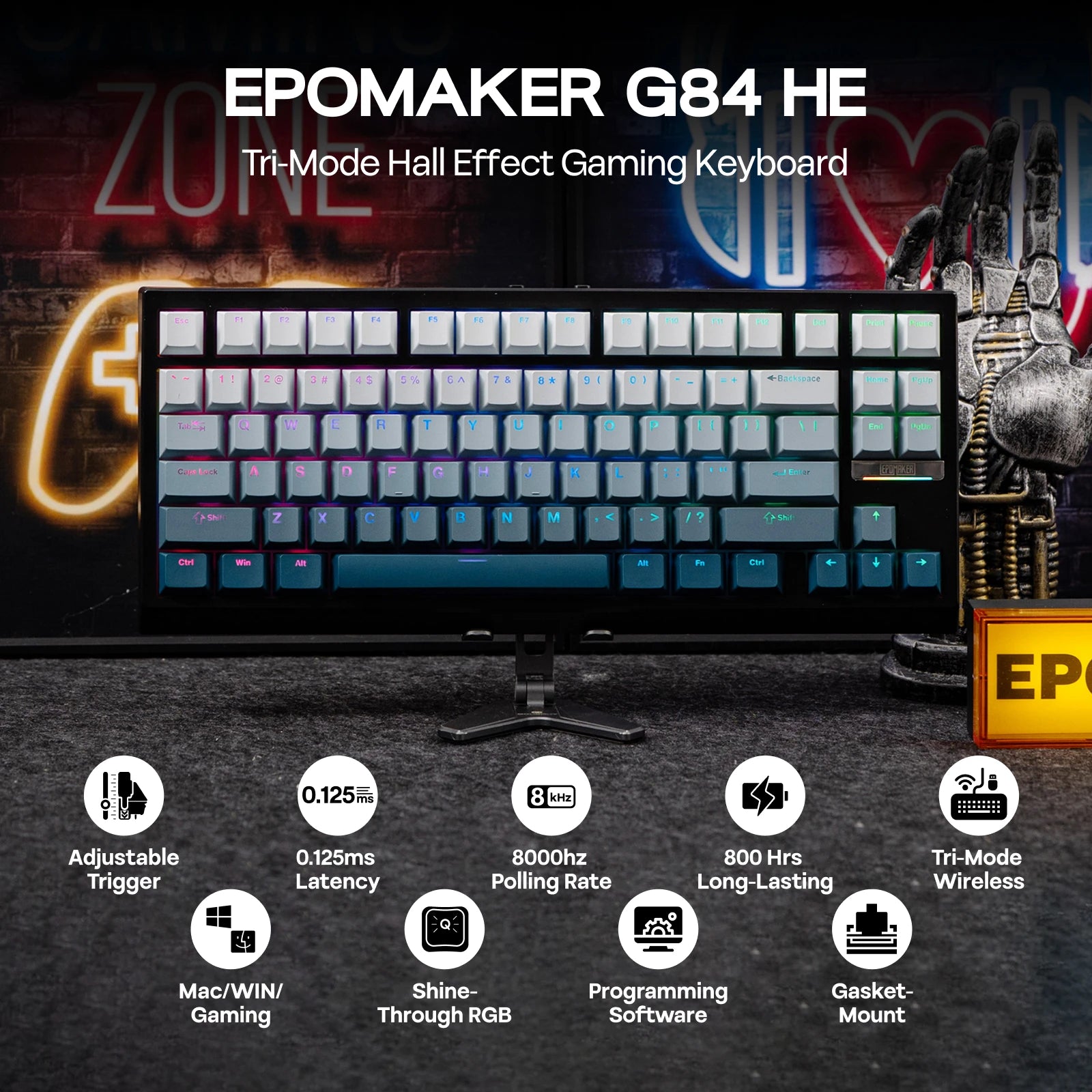 EPOMAKER G84 HE 75% ANSI US Layout Gasket Wired/BT/2.4Ghz Wireless Hall Effect Magnetic Mechanical Keyboard 8K Polling & 8000mAh